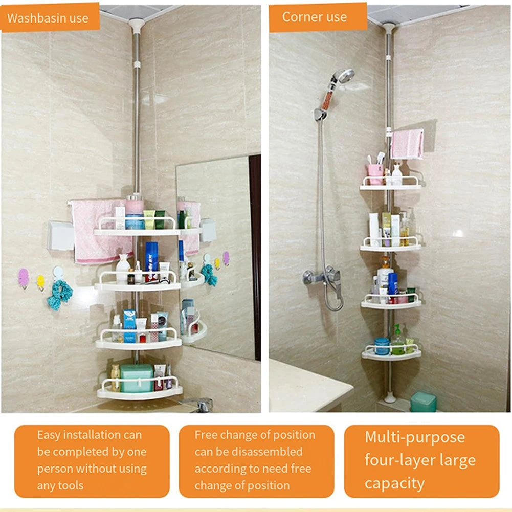 Shower Rack Adjustable 4 Trays Telescopic Bathroom Shelf Stainless Steel Frame Floor Ceiling Holder Shower Caddy Organizer Shelf